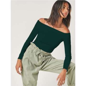 DUKBUBI Women's Off The Shoulder Long Sleeve Y2K Tops Slim Fit Going Out Top Basic Tee Sexy Crop Tops Green