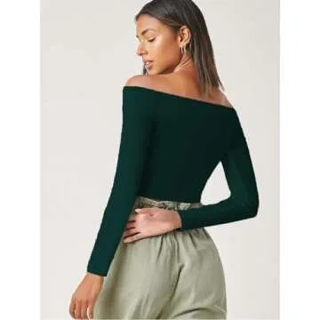 DUKBUBI Women's Off The Shoulder Long Sleeve Y2K Tops Slim Fit Going Out Top Basic Tee Sexy Crop Tops Green