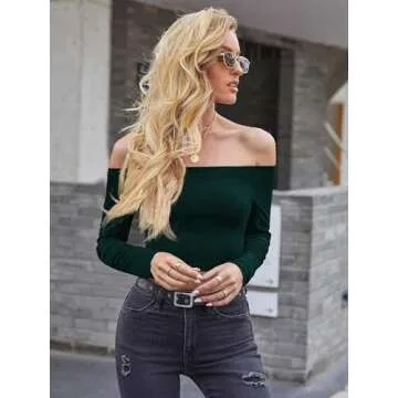 DUKBUBI Women's Off The Shoulder Long Sleeve Y2K Tops Slim Fit Going Out Top Basic Tee Sexy Crop Tops Green