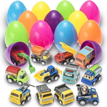PREXTEX Toy Filled Easter Eggs with Pull-Back Construction & Engineering Vehicles (12 pack) – Plas...