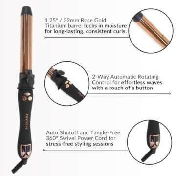 FoxyBae Titanium Rotating Curling Iron - 1.25”/32mm Automatic Hair Curler Wand - Professional Hot Tools W/Temp Control - Locks in Moisture for Soft Curls - Self Curling Hair Curler Iron