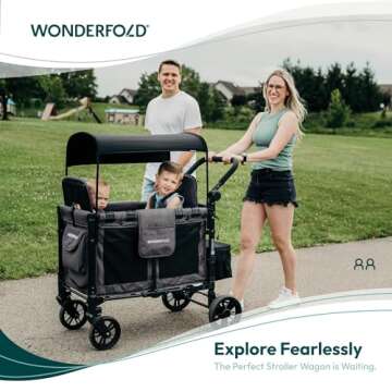 WONDERFOLD W2 Elite Stroller Wagon (2 Seater) - Collapsible Wagon Stroller with Seats with 5-Point Harnesses, Adjustable Push Handle, and Adjustable Sun Canopy, Elite Gray