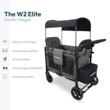 WONDERFOLD W2 Elite Stroller Wagon (2 Seater) - Collapsible Wagon Stroller with Seats with 5-Point Harnesses, Adjustable Push Handle, and Adjustable Sun Canopy, Elite Gray