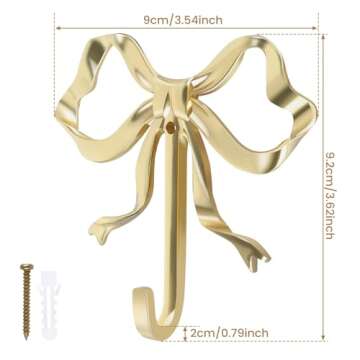 2 Pcs Bow Hook Towel Robe Hook, Decorative Bowknot Hanger Gold Towel Hook Multi-Purpose Bow Shaped Hat Hooks Brass Wall Hook Wall Hanging Towel Hook for Bathroom Bedroom Bathrobe, 3.6 x 3.5 x 0.8 in
