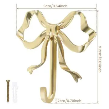 2 Pcs Bow Hook Towel Robe Hook, Decorative Bowknot Hanger Gold Towel Hook Multi-Purpose Bow Shaped Hat Hooks Brass Wall Hook Wall Hanging Towel Hook for Bathroom Bedroom Bathrobe, 3.6 x 3.5 x 0.8 in