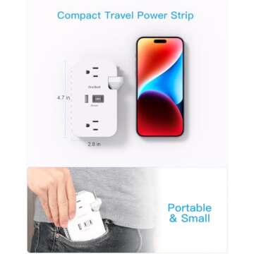 Travel Essentials, Cruise Ship Power Strip with USB Ports, 2 Outlets 3 USB (2 USB C) Wrapped Short Extension Cord 12 inches Desktop Charging Station Power Strip for Travel Hotel Cruise Must Haves