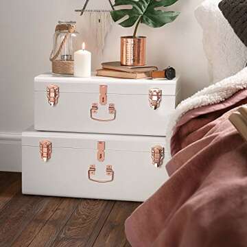 Beautify Cream Vintage Style Steel Metal Storage Trunk Set Lockable and Decorative with Rose Gold Handles - College Dorm and Bedroom Footlocker Trunks