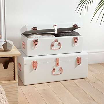 Beautify Cream Vintage Style Steel Metal Storage Trunk Set Lockable and Decorative with Rose Gold Handles - College Dorm and Bedroom Footlocker Trunks