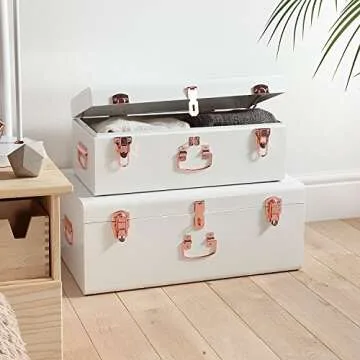 Beautify Cream Vintage Style Steel Metal Storage Trunk Set Lockable and Decorative with Rose Gold Handles - College Dorm and Bedroom Footlocker Trunks