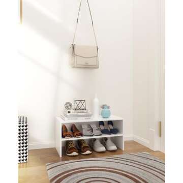 LOWOSA 2-Tier Stackable White Shoe Rack, Wooden 2-Shelf Shoe Organizer Freestanding Shoe Storage Sta...