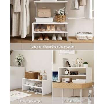 LOWOSA 2-Tier Stackable White Shoe Rack, Wooden 2-Shelf Shoe Organizer Freestanding Shoe Storage Stand for 6-9 Pairs, Perfect for Closet, Entryway, Office Use - White(Pack of 2)