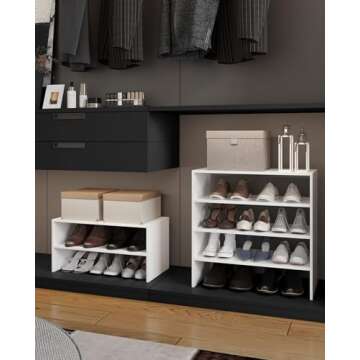 LOWOSA 2-Tier Stackable White Shoe Rack, Wooden 2-Shelf Shoe Organizer Freestanding Shoe Storage Stand for 6-9 Pairs, Perfect for Closet, Entryway, Office Use - White(Pack of 2)