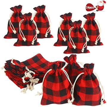 STEFORD 24PCS Buffalo Plaid Christmas Drawstring Bags Small Plaid Burlap Bags Reusable Christmas Bur...