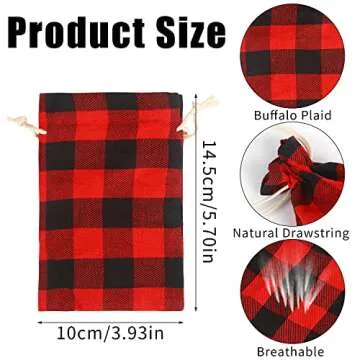 STEFORD 24PCS Buffalo Plaid Christmas Drawstring Bags Small Plaid Burlap Bags Reusable Christmas Burlap Drawstring Candy Bags for Xmas Wedding Holiday Party Favors