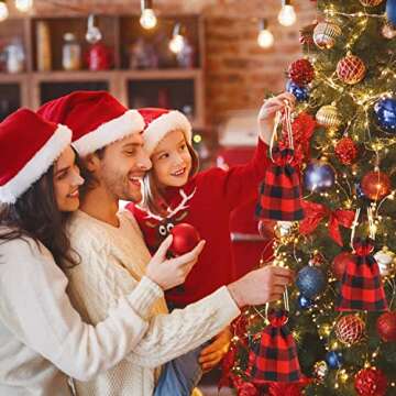 STEFORD 24PCS Buffalo Plaid Christmas Drawstring Bags Small Plaid Burlap Bags Reusable Christmas Burlap Drawstring Candy Bags for Xmas Wedding Holiday Party Favors