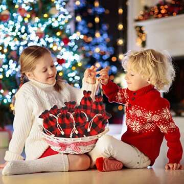 STEFORD 24PCS Buffalo Plaid Christmas Drawstring Bags Small Plaid Burlap Bags Reusable Christmas Burlap Drawstring Candy Bags for Xmas Wedding Holiday Party Favors