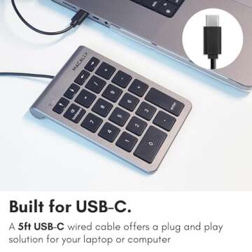 Macally Wired USB C Numeric Keypad for Mac - Work Better - Type C Number Pad for MacBook Pro/Air, iMac, and PC - USB C Wired Number Pad with 5ft Cable and Arrow Keys - 10 Key USB Keypad for Laptop