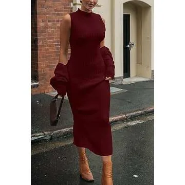 PRETTYGARDEN Womens Fall 2 Piece Outfits Bodycon Maxi Tank Pullover Sweater Dress And Long Sleeve Cropped Cardigan Knit Sets (Wine Red,Medium)