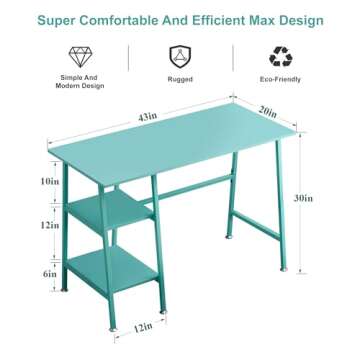 VECELO 43 Inch Computer Home Office Desks, Writing Desk Home Office with 2 Tier Storage Shelves，Adjustable Feet/Waterproof,Simple Workstation, Blue Desk