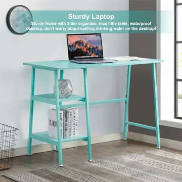 VECELO 43 Inch Computer Home Office Desks, Writing Desk Home Office with 2 Tier Storage Shelves，Adjustable Feet/Waterproof,Simple Workstation, Blue Desk