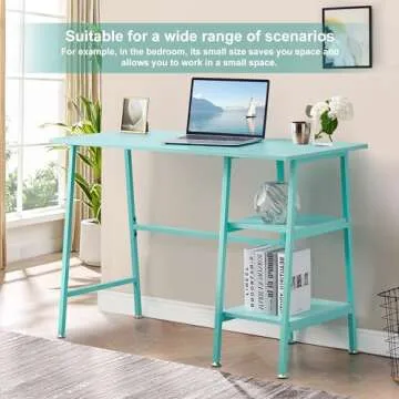 VECELO 43 Inch Computer Home Office Desks, Writing Desk Home Office with 2 Tier Storage Shelves，Adjustable Feet/Waterproof,Simple Workstation, Blue Desk