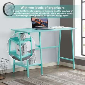 VECELO 43 Inch Computer Home Office Desks, Writing Desk Home Office with 2 Tier Storage Shelves，Adjustable Feet/Waterproof,Simple Workstation, Blue Desk