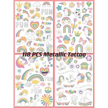 118 PCS Unicorn Rainbow Temporary Tattoo Kids, Glitter Crown Fake Tattoo for Girls’ Party Favors K...