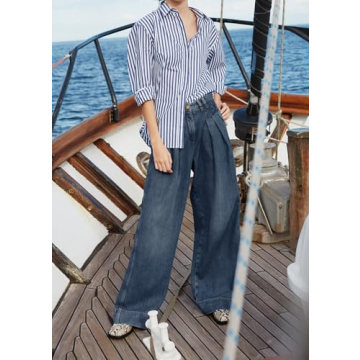 PLNOTME Women's High Waisted Wide Leg Jeans Baggy Mom Casual Denim Pants Wash Blue