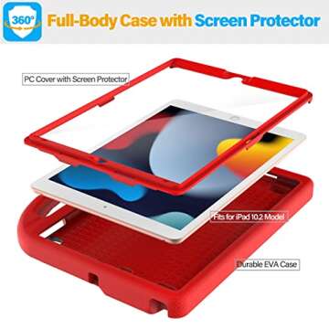 SUPLIK Kids Case for iPad 9th/8th/7th Generation - iPad 10.2 inch 2021/2020/2019 Case with Built-in Screen Protector, Durable Shockproof Handle Stand Kids Case for Apple iPad 7/8/9 Gen, Red