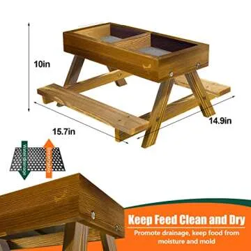 Chicken Picnic Table Feeder, Chicken Feeder No Waste Carbonization Wooden, Lovely Chicken Feeder, 15.7" L X 14.9" W X 8.6" H, Duck Feeder No Mess, Easy to Clean and Fill