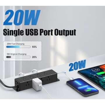 Fast Charging Under Desk Power Strip,12 Outlet Mountable Power Strip with 4 USB,1200J Surge Protection,6FT/10FT Flat Extension Cord