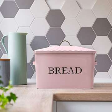 Jolitac Metal Bread Box - Kitchen Countertop Pink Bread Storage Bin with Lid and hands, Large Capacity Farmhouse Bread keeper Food Storage Container