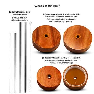 Kitchen Charisma Mason Jar Wooden Lids for Ball Jars Only With 4 Reusable Stainless Steel Drinking Straws - 4 Lids Wide Mouth 3.25 in, Regular Mouth 2.5 in Opening Acacia - Drink Lids for Canning Jars