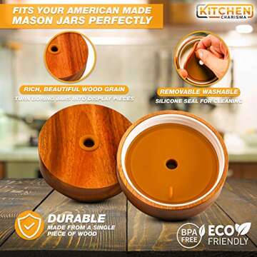 Kitchen Charisma Mason Jar Wooden Lids for Ball Jars Only With 4 Reusable Stainless Steel Drinking Straws - 4 Lids Wide Mouth 3.25 in, Regular Mouth 2.5 in Opening Acacia - Drink Lids for Canning Jars