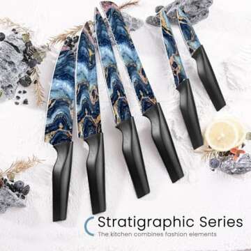 Astercook Knife Set, 12 Pcs Stratigraphic Series Kitchen Knife Set, 6 Anti-Rust Coating Stainless Steel Kitchen Knives with 6 Blade Guards, Dishwasher Safe