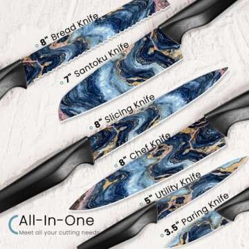 Astercook Knife Set, 12 Pcs Stratigraphic Series Kitchen Knife Set, 6 Anti-Rust Coating Stainless Steel Kitchen Knives with 6 Blade Guards, Dishwasher Safe