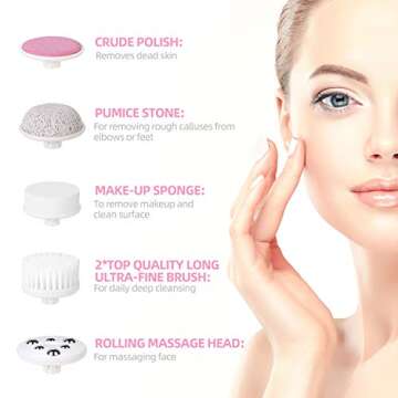 PESSIDO Facial Cleansing Brush, Waterproof Spin Face Brush Set with Holder and 6 Brush Heads, Gentle Exfoliating, Deep Cleansing, Massaging and Removing Blackhead for Women and Men (Pink)