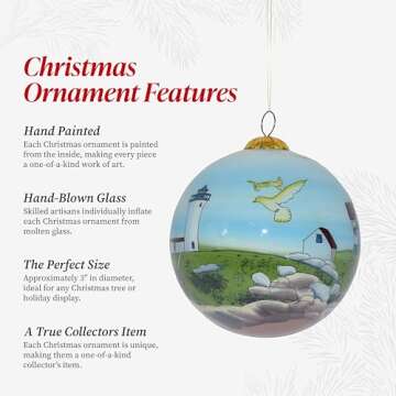 Art Studio Company - Hand Painted Christmas Ornament, Blown Glass, Hanging Tree Ornament, Holiday Decor, Maine, Nubble Lighthouse