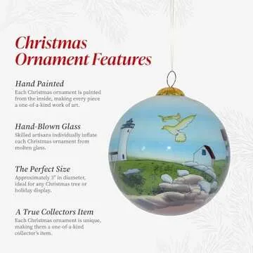 Art Studio Company - Hand Painted Christmas Ornament, Blown Glass, Hanging Tree Ornament, Holiday Decor, Maine, Nubble Lighthouse