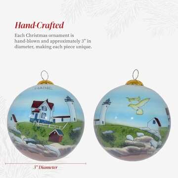 Art Studio Company - Hand Painted Christmas Ornament, Blown Glass, Hanging Tree Ornament, Holiday Decor, Maine, Nubble Lighthouse