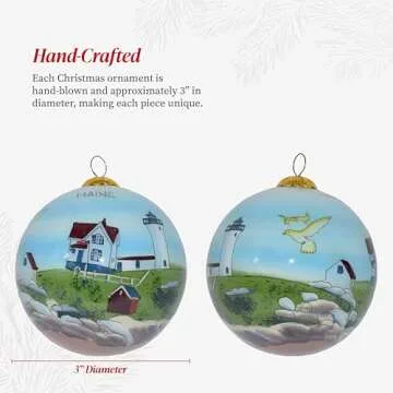 Art Studio Company - Hand Painted Christmas Ornament, Blown Glass, Hanging Tree Ornament, Holiday Decor, Maine, Nubble Lighthouse