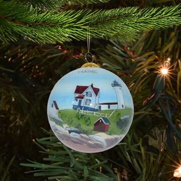 Art Studio Company - Hand Painted Christmas Ornament, Blown Glass, Hanging Tree Ornament, Holiday Decor, Maine, Nubble Lighthouse