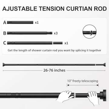 Ausemku Shower Curtain Rod Tension - 26-76 Inch Never Rust Non-Slip Spring Tension Curtain Rod No Drilling Stainless Steel Curtain Rod Use Bathroom Kitchen（Black）