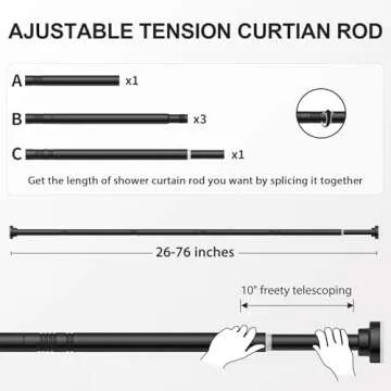 Ausemku Shower Curtain Rod Tension - 26-76 Inch Never Rust Non-Slip Spring Tension Curtain Rod No Drilling Stainless Steel Curtain Rod Use Bathroom Kitchen（Black）