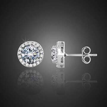 Sterling Silver Halo Stud Earrings with CZ Center Stone- 925 Sterling Silver Stud earrings for women...