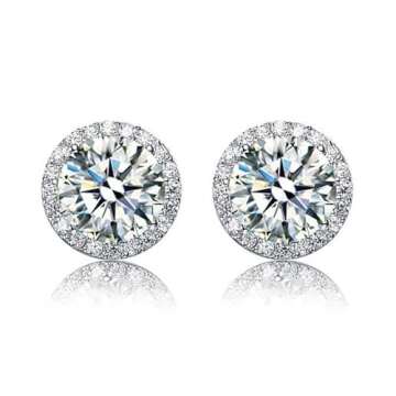 Sterling Silver Halo Stud Earrings with CZ Center Stone- 925 Sterling Silver Stud earrings for women (White)