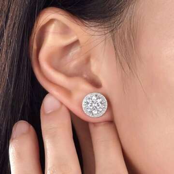 Sterling Silver Halo Stud Earrings with CZ Center Stone- 925 Sterling Silver Stud earrings for women (White)