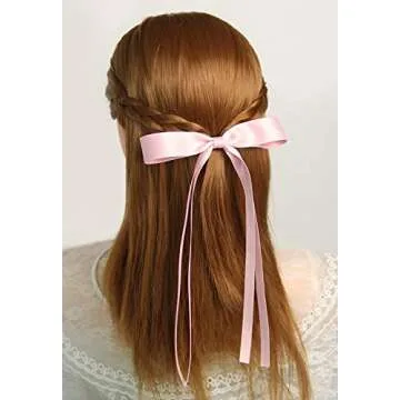 SALOCY Hair Bow Clips for Women Girls, 4 PCS Hair Ribbon Clips with Long Tail Tassel Design for DIY Hairstyles, Pink