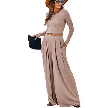 Lveberw Lounge Set Womens, Outfits Sets, Ribbed Crop Top Long Sleeve, Palazzo Pants - Loose Sweatsuit Knit,2 Piece Pajamas