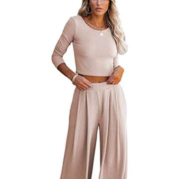 Lveberw Lounge Set Womens, Outfits Sets, Ribbed Crop Top Long Sleeve, Palazzo Pants - Loose Sweatsuit Knit,2 Piece Pajamas